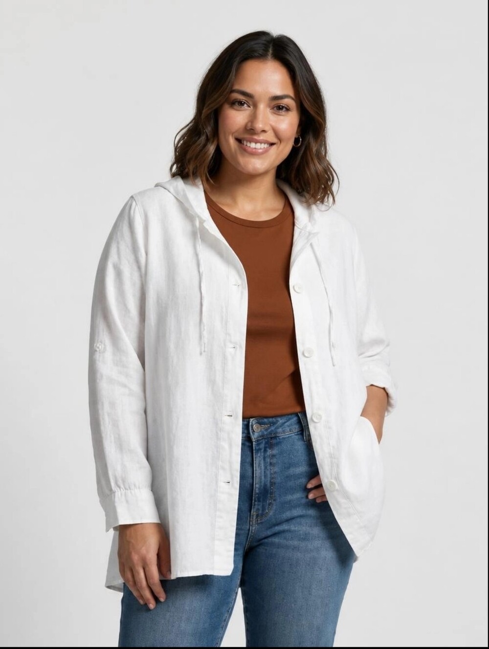Grace Elements 100% Linen Hooded Beach Coverup/ Jacket Roll Tab Sleeves Size 1x